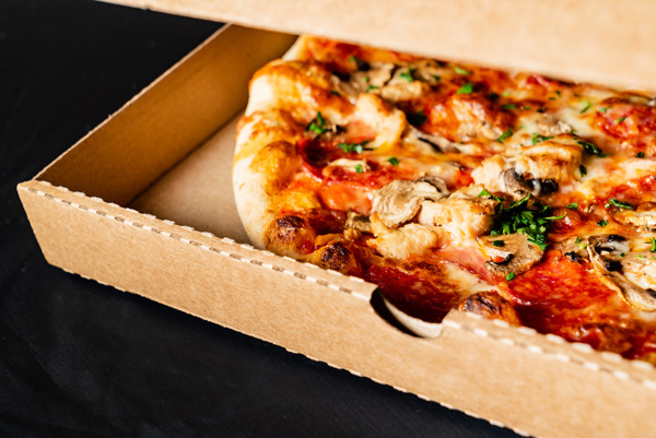 pizza in pizza box.